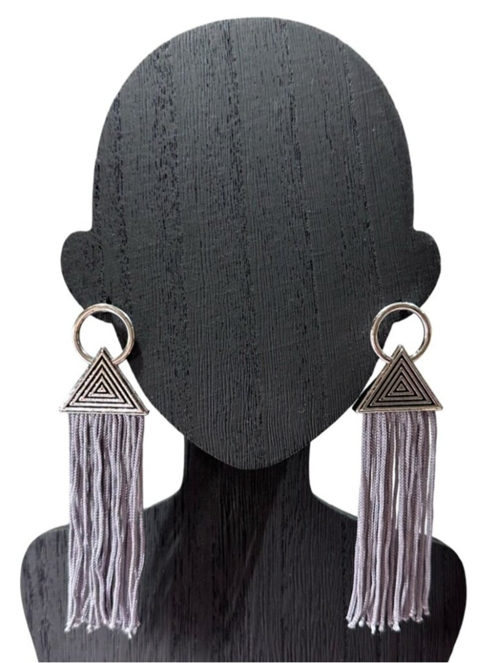 Silver Tone Geometric Triangle Tassel Earrings With Fringe Design 4 Inch Length